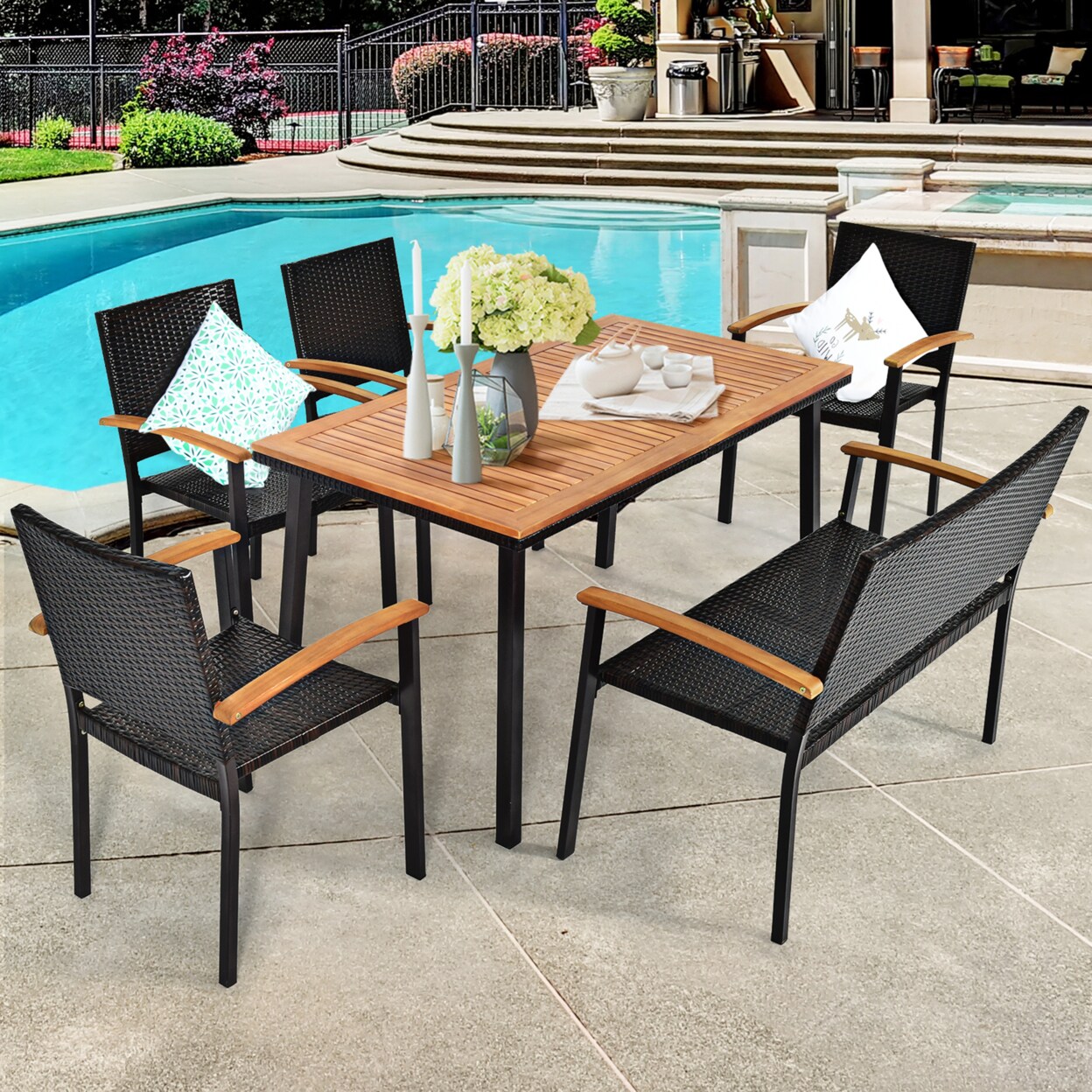 6Pcs Rattan Outdoor Dining Set Patio Furniture Set W/ Wooden Tabletop