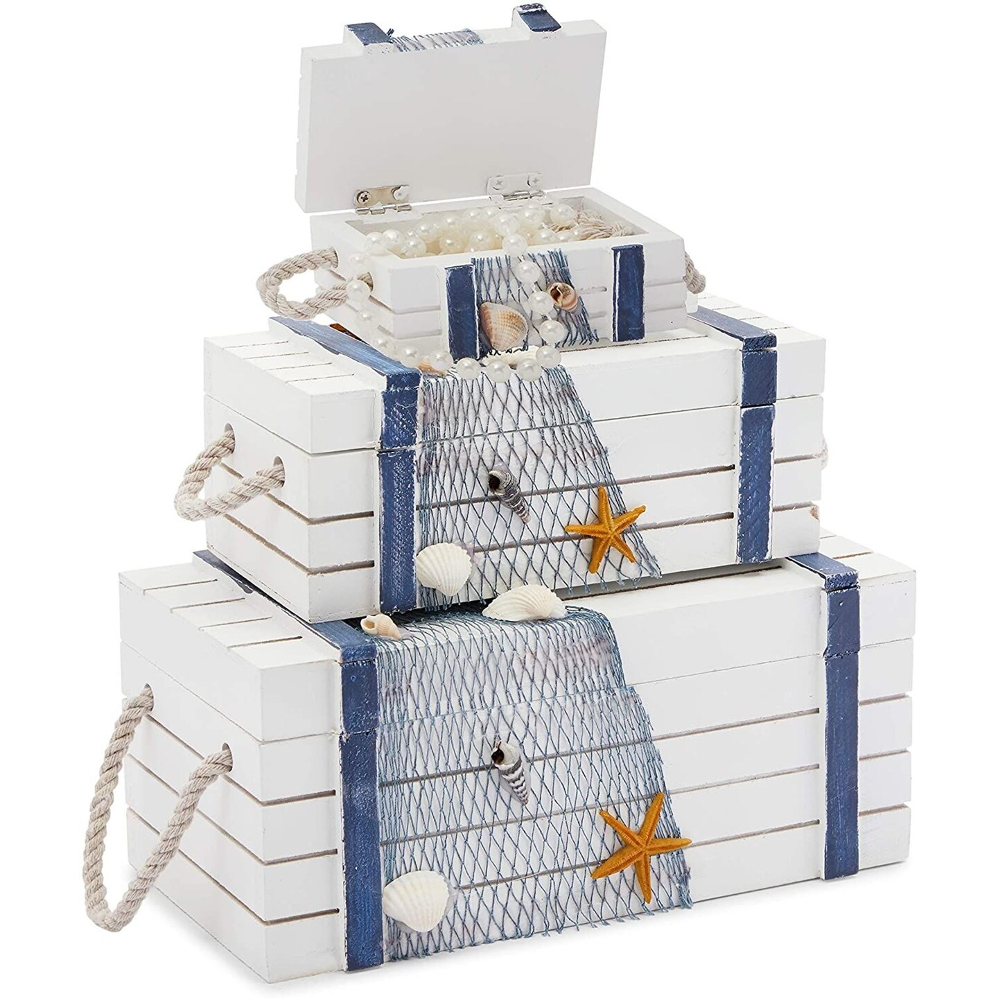 Wooden Jewelry Boxes, Nautical and Beach Decor in 3 Sizes (3 Pieces)