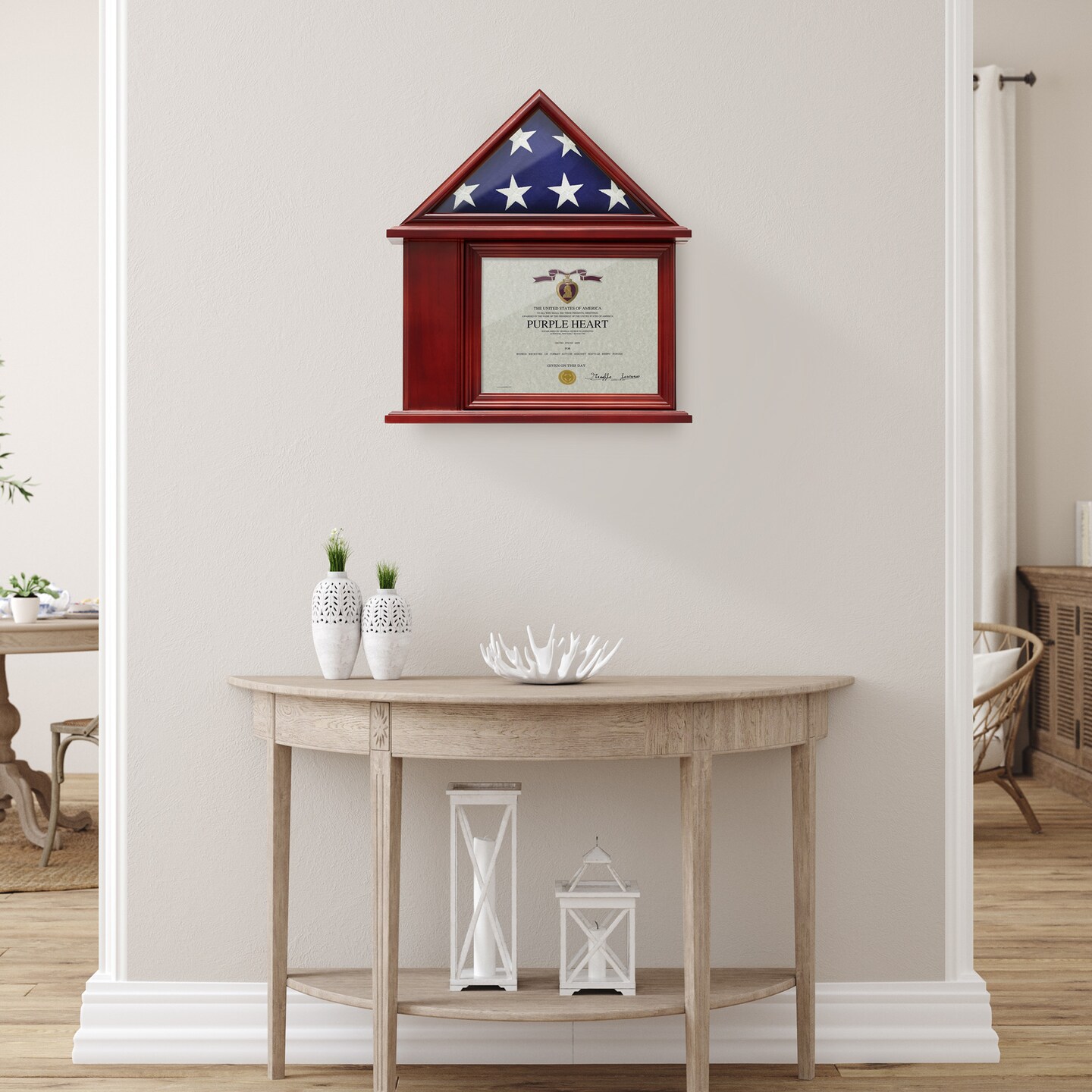 Reminded Flag Case and Certificate Display, Military Shadow Box Frame fits 3&#x27; x 5&#x27; Flag, Solid Wood Cherry Finish