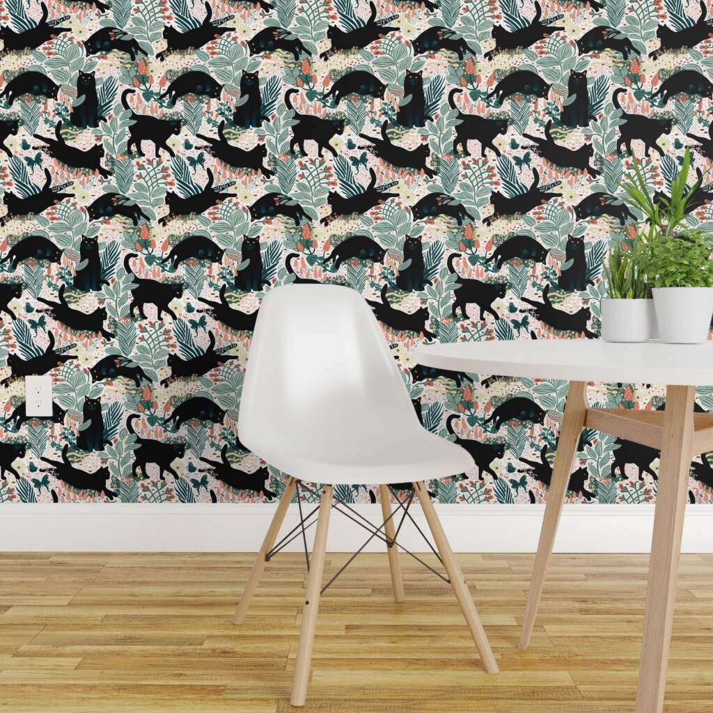 Peel & Stick Wallpaper 2FT Wide Tropical Cats Modern Garden Floral Black Feline Kitten Palm Fronds Custom Removable Wallpaper by Spoonflower