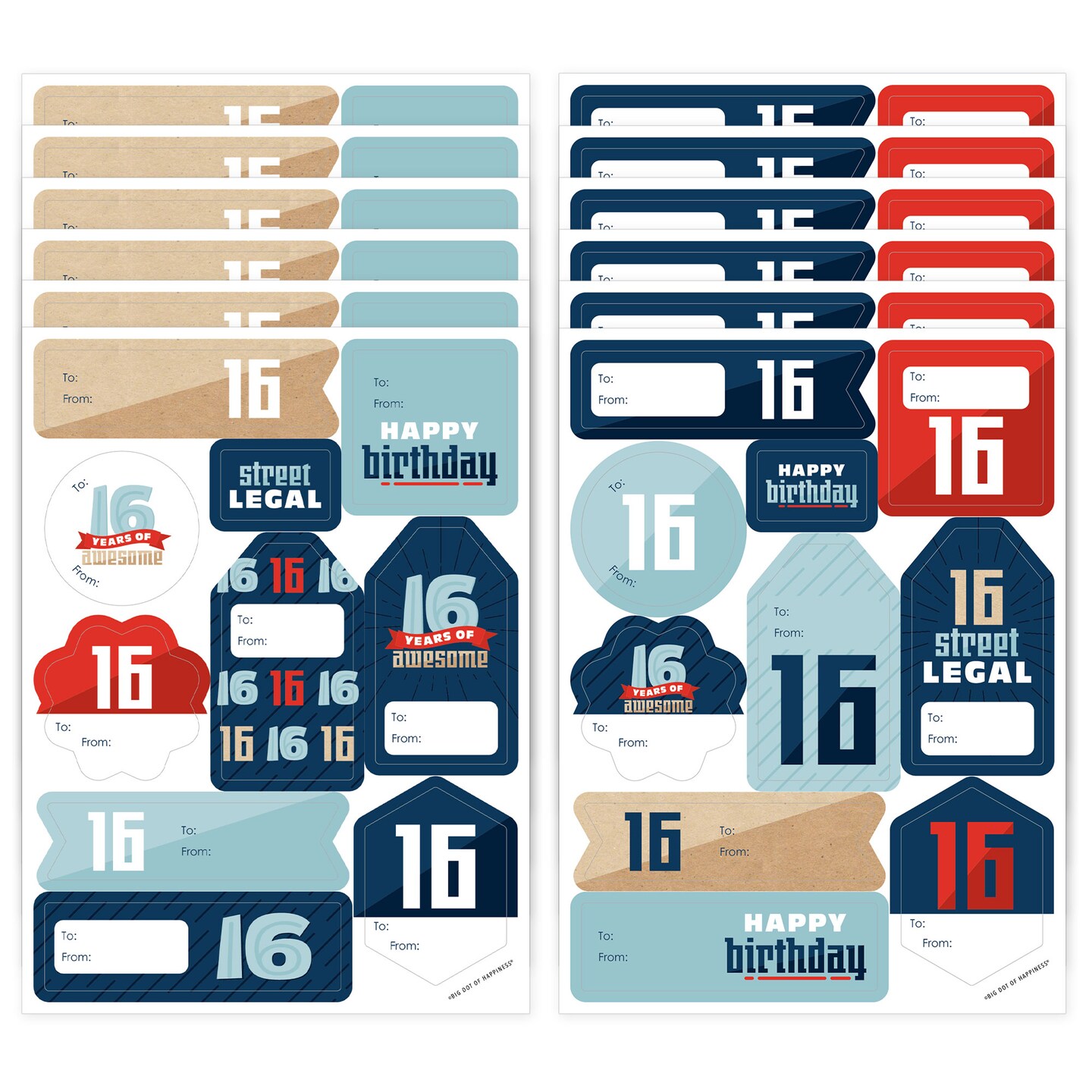 Big Dot of Happiness Boy 16th Birthday - Assorted Sweet Sixteen Birthday Party Gift Tag Labels - To and From Stickers - 12 Sheets - 120 Stickers
