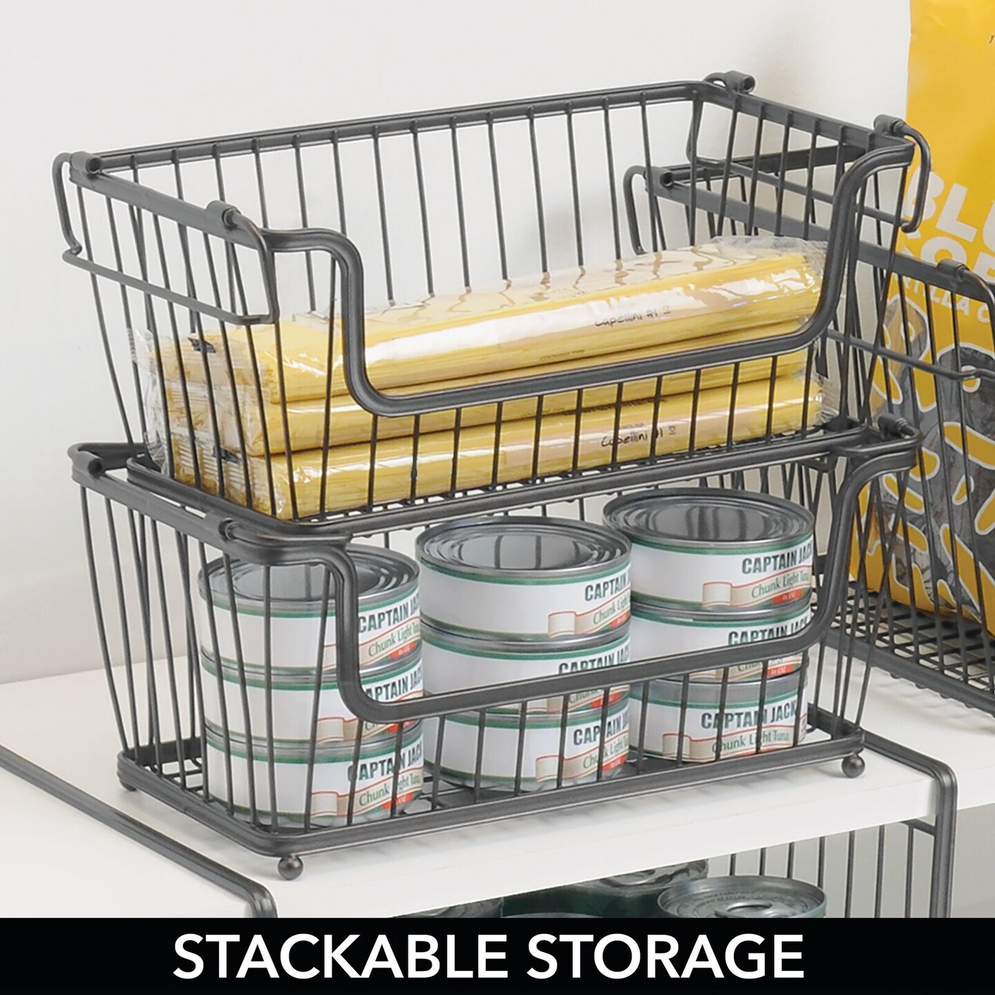 mDesign Stackable Metal Food Storage Basket with Handles, 2 Pack