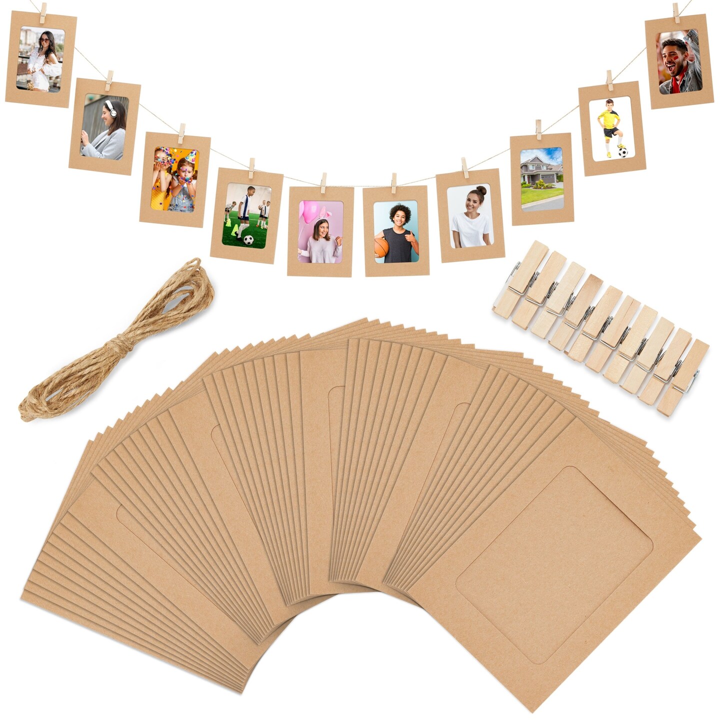 50 Pack Cardboard Picture Frames, 4x6 DIY Photo Hanging Kit with Wooden  Clips and Paper String for Home Wall Decor 