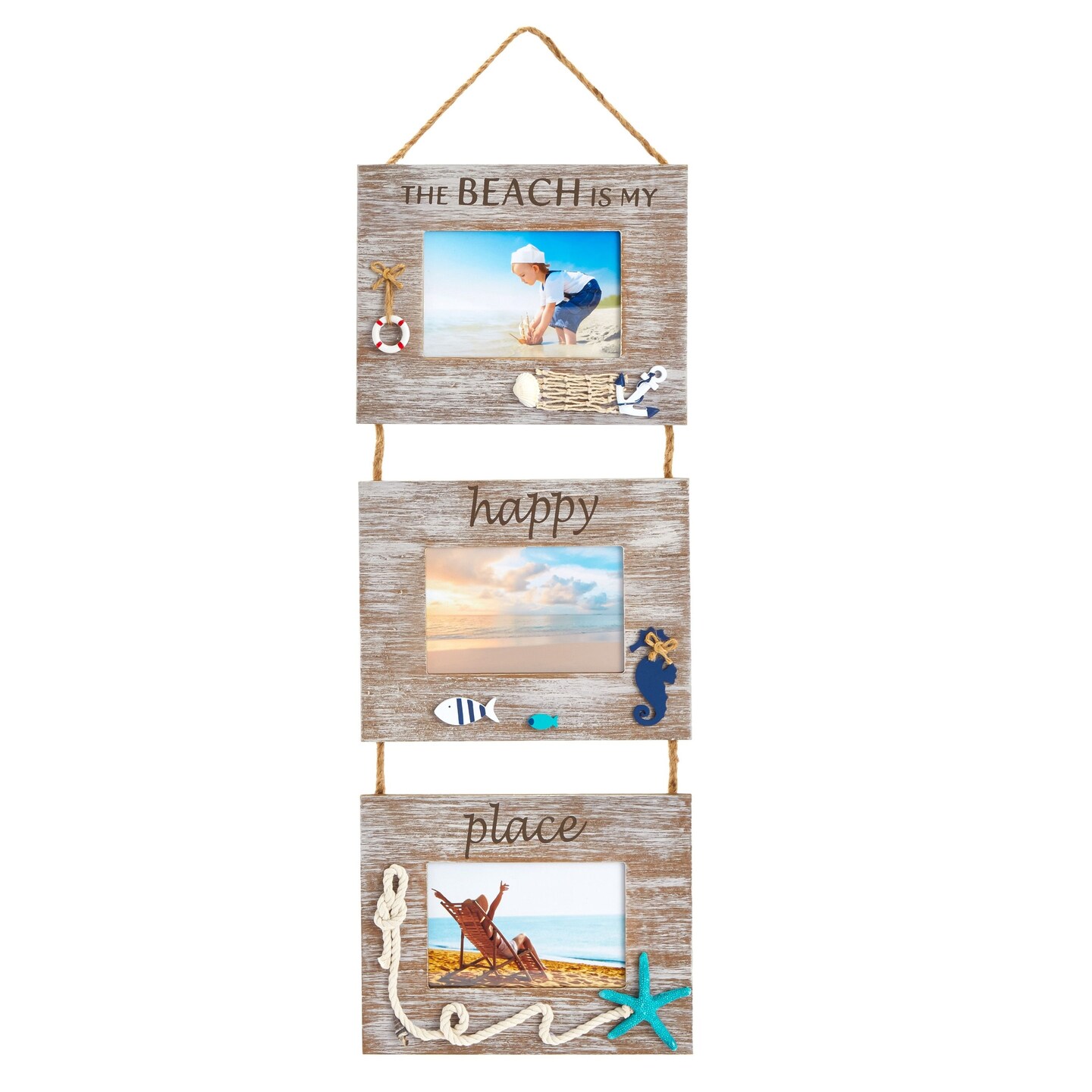 Hanging Beach Picture Frames for 4x6 Photos, Rustic Nautical Home Decor (9 x 30 x 0.25 In)