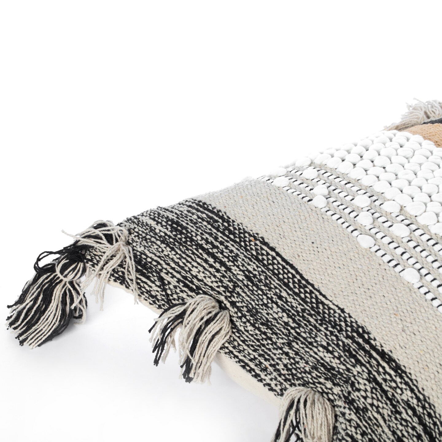 16&#x22; Boho Handwoven Cotton Throw Pillow Cushion Cover with Tassels, Beige