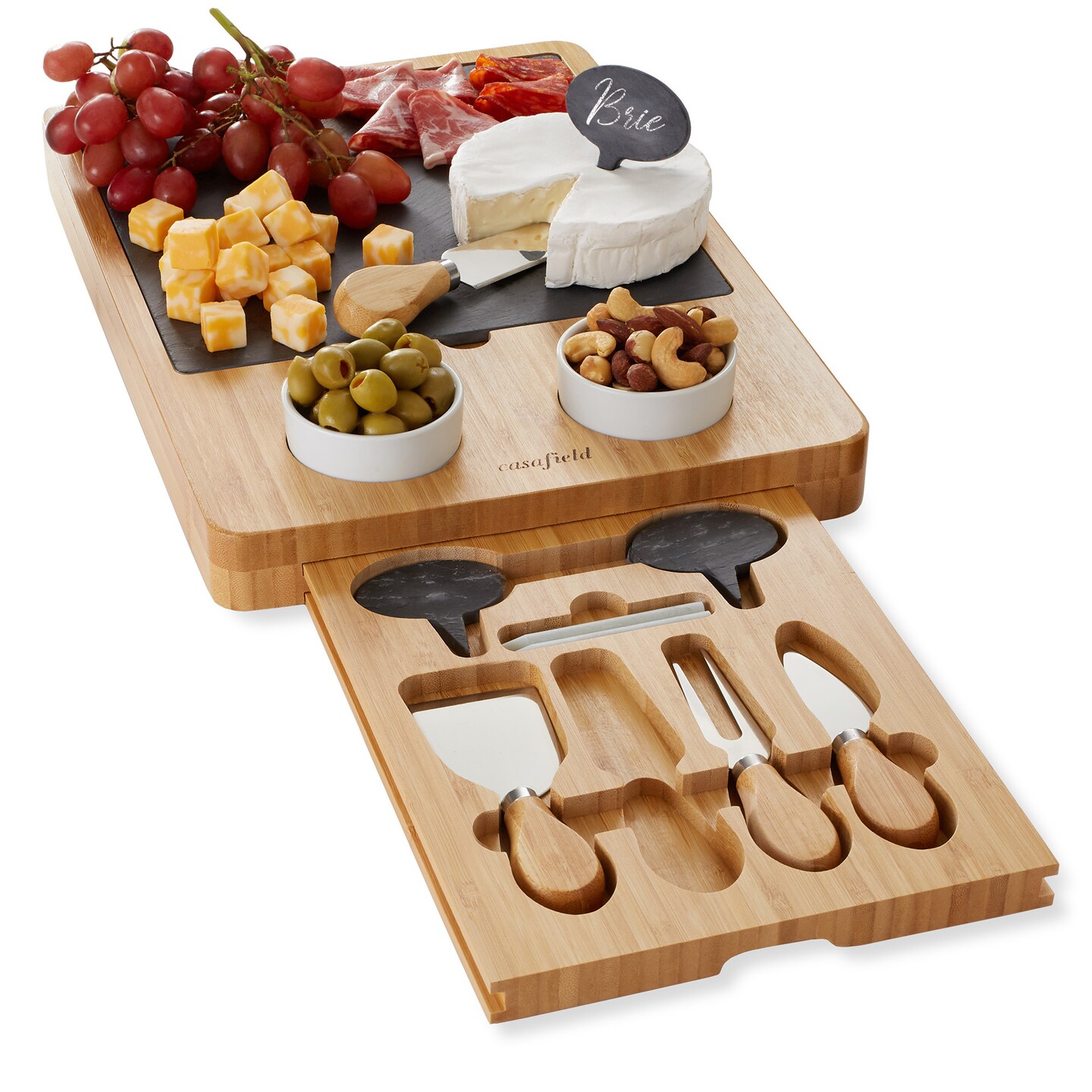 Casafield Charcuterie Board, Large Bamboo Cheese Board and Cutlery Set with Slate Cheese Plate, Ceramic Bowls, Cheese Knives, Labels, and Chalk