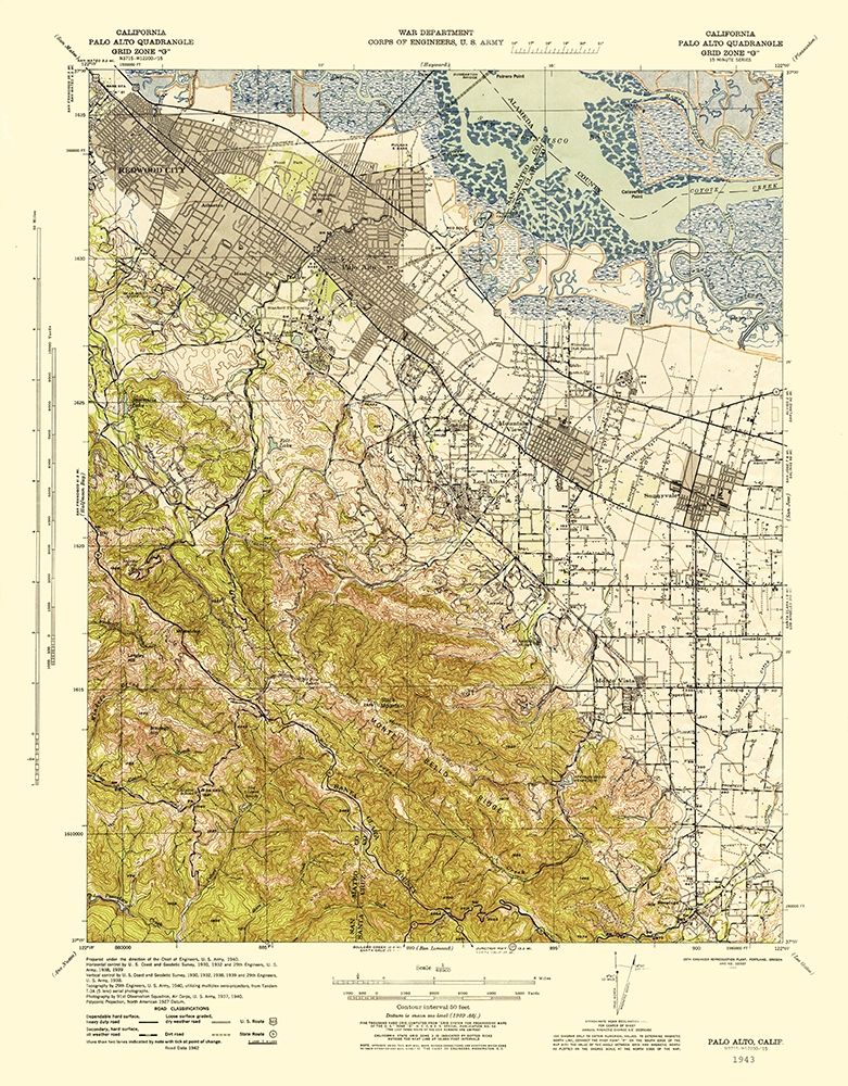 Palo Alto California Quad - USGS 1943 Poster Print by USGS USGS # CAPA0006