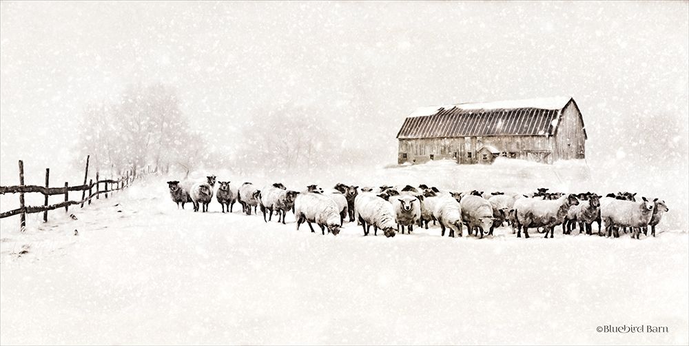 Warm Winter Barn with Sheep Herd Poster Print by Bluebird Barn Bluebird Barn - Item # VARPDXBLUE255
