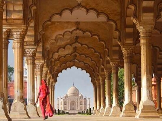 Woman in traditional Sari walking towards Taj Mahal Poster Print by Pangea Images - Item # VARPDX3AP3721