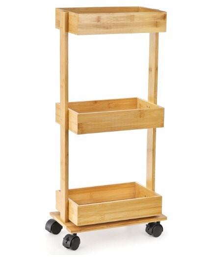 Slim Storage Cart, 3-Tier Bamboo Rolling Utility Cart Standing Rack on Wheel, Mobile Shelving Unit Organizer Serving Trolley Slide Out Cart for Office, Bathroom, Kitchen, Laundry Room and Narrow Place