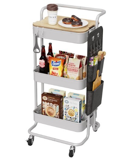 3 Tier Metal Rolling Cart with Table Top, Utility Cart with Wheels and Side Bags, Rolling Storage Cart for Teachers, Art Craft Cart with 4 Hooks for Kitchen, Bathroom, Office, and Classroom Gray