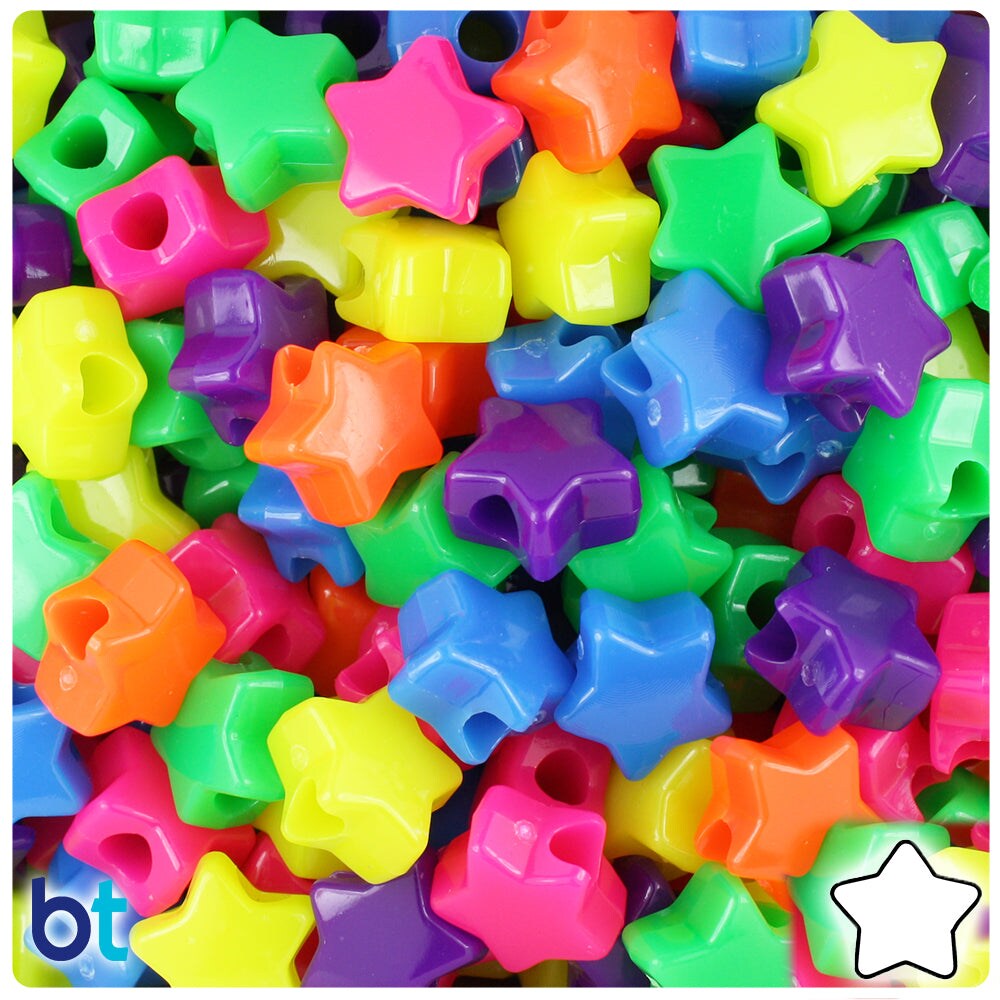 BeadTin Neon Bright Mix 13mm Star Plastic Pony Beads (250pcs)