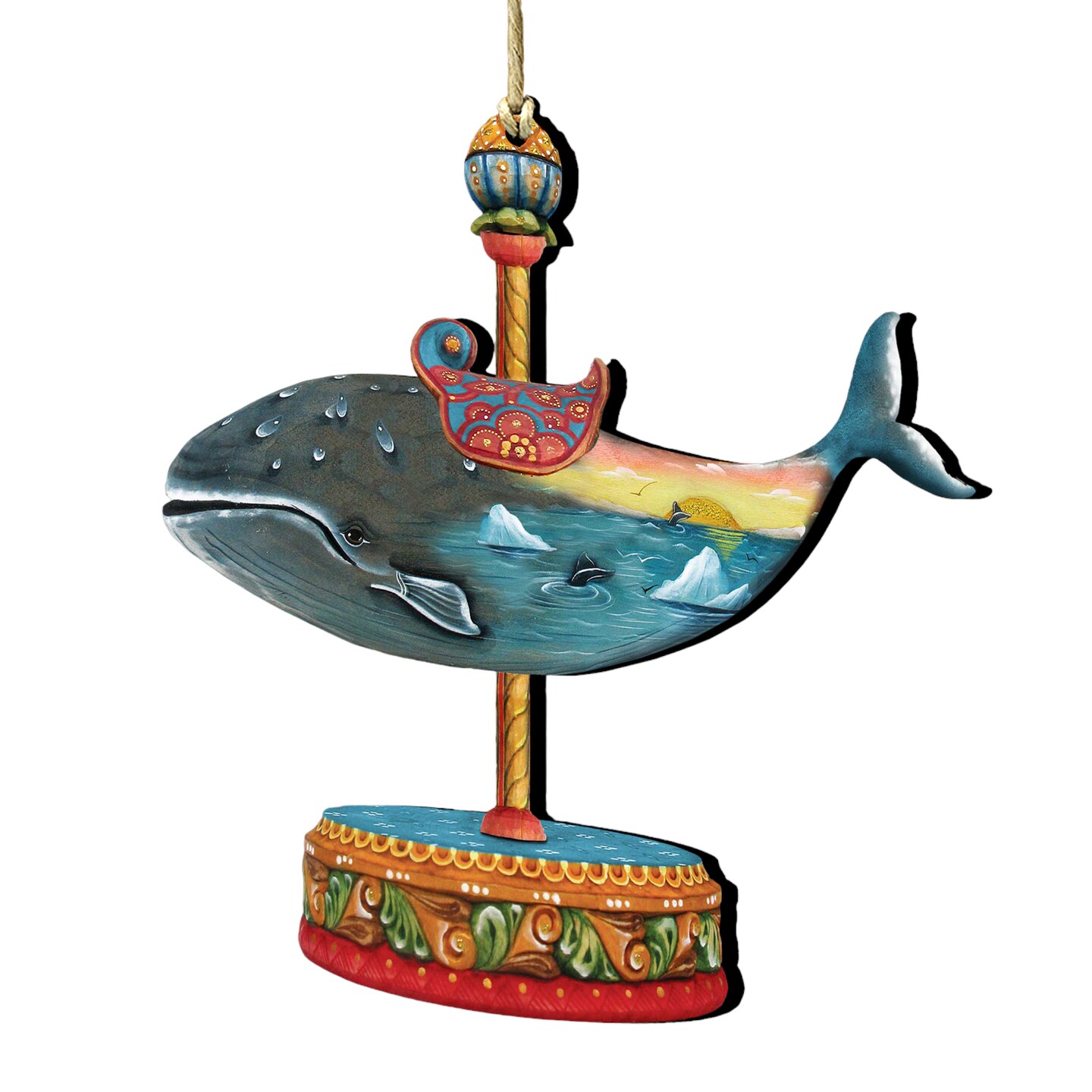 Designocracy Set of 2 Whale Carousel Wooden Christmas Ornaments 5.5&#x22;