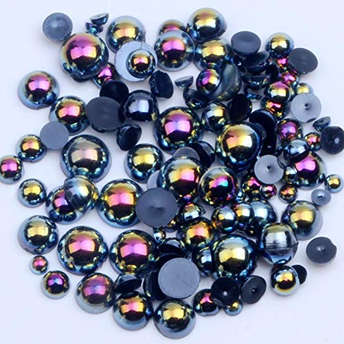 1000 Pieces Flatback Half Pearls, Mixed Size 4/6/8/10/12/14mm Flat Back Round Half Pearls Beads for Crafts Jewelry, Loose Beads Gem (Jet Black AB)