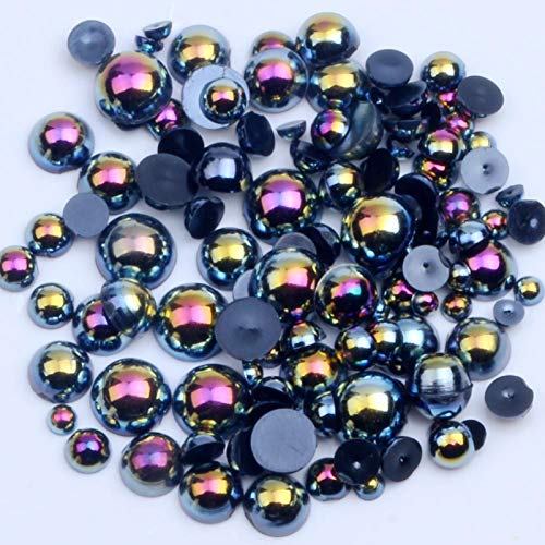 Dowarm 1000 Pieces Flatback Half Pearls, Mixed Size 4/6/8/10/12/14mm Flat Back Round Half Pearls Beads for Crafts Jewelry, Loose Beads Gem (Jet Black AB)