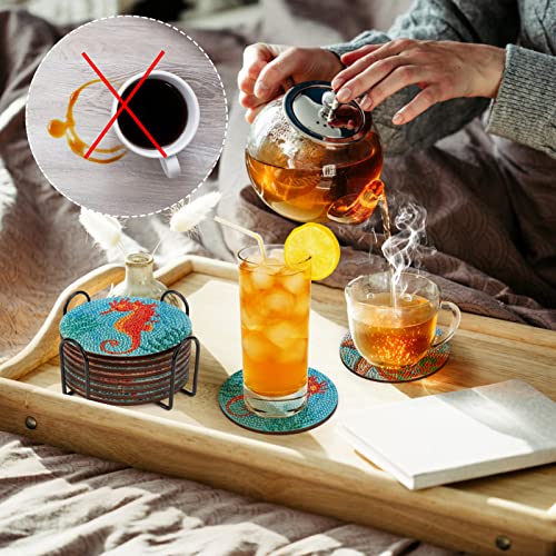 Diamond Painting Coasters - 8 PCS 5D Ocean Art Kits for Adults and Kids, Sea-Themed Coasters with Holder, Perfect for Beach House Decor