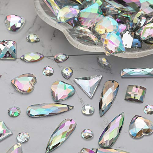 Chuangdi 500 Pieces Sewing Gems Acrylic Sewing Crystal Mixed Shapes Sew On  Rhinestones with 2 Holes for Clothes Sewing Beads Decorations (Crystal AB)
