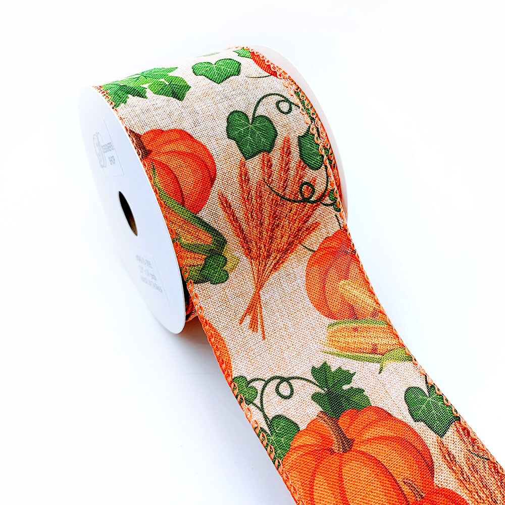 WR 63-5095 2.5&#x201D; x 10 yard Autumn Harvest Pumpkins on Burlap wired edge ribbons