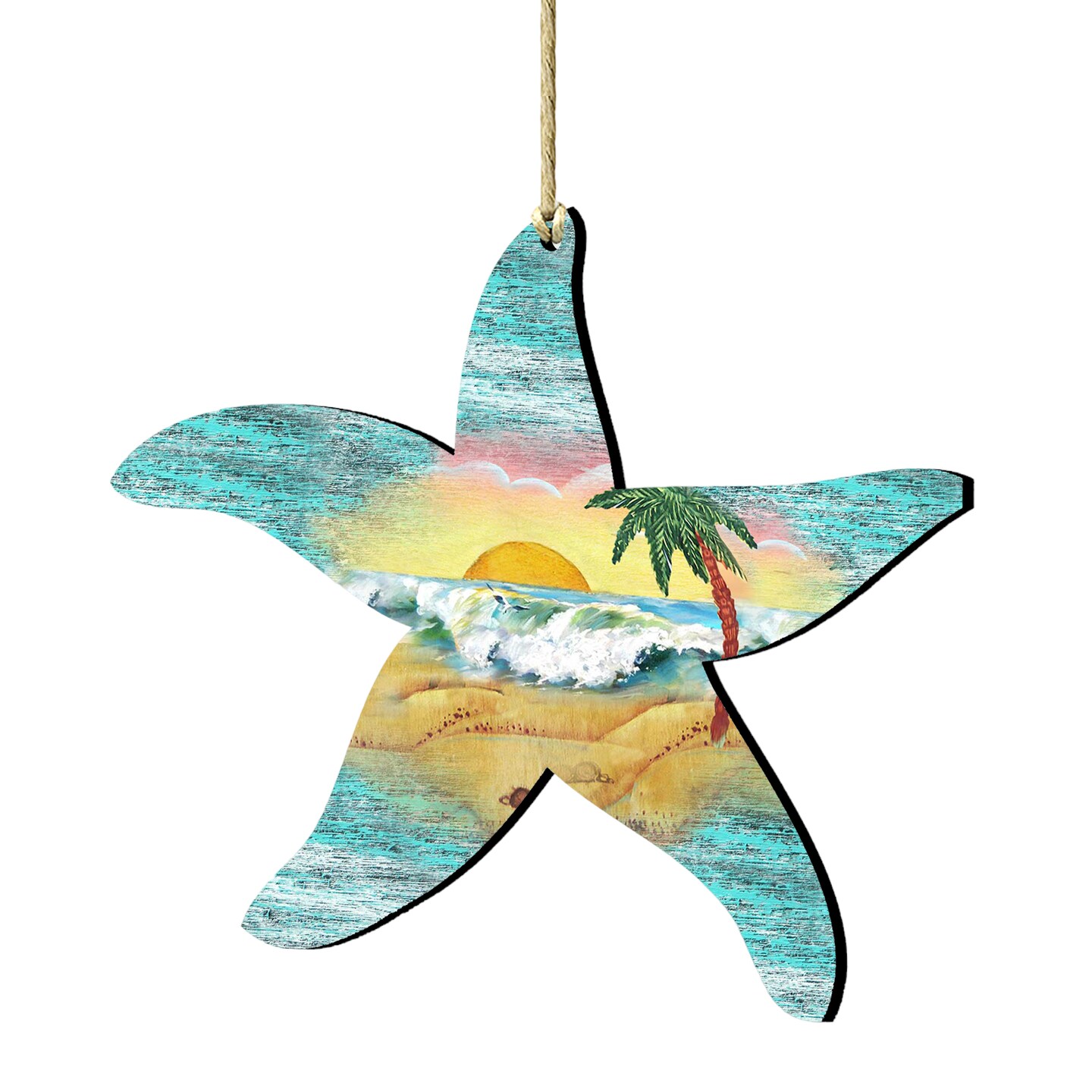 Designocracy Set of 2 Starfish Beach Scene Wooden Christmas Ornaments 5.5&#x22;