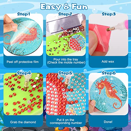 BABORUI Diamond Painting Coasters, 8Pcs 5D Ocean Diamond Art Kits for Adults Kids, Sea Diamond Painting Coasters with Holder for Beach House Decor