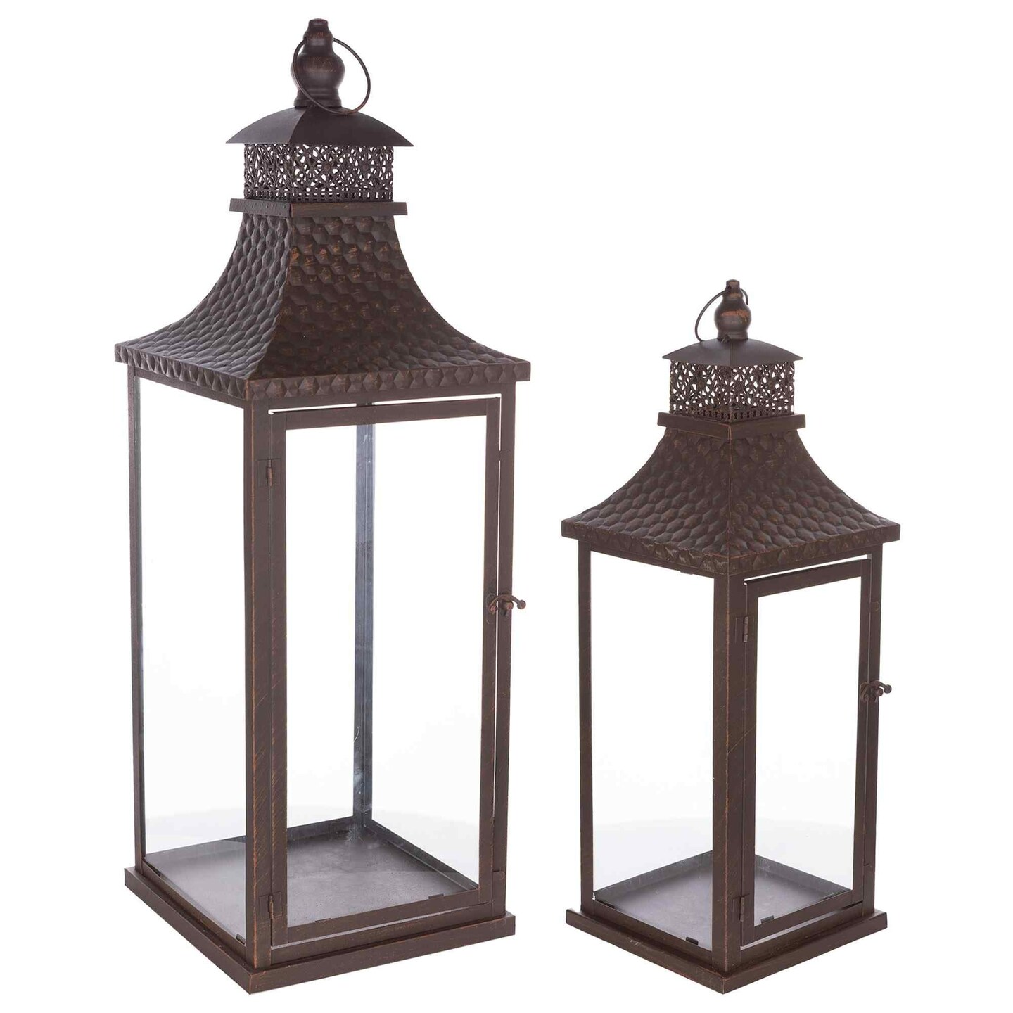 Melrose Candle Lanterns with Hammered Lid - 27.75&#x22; - Brown - Set of 2