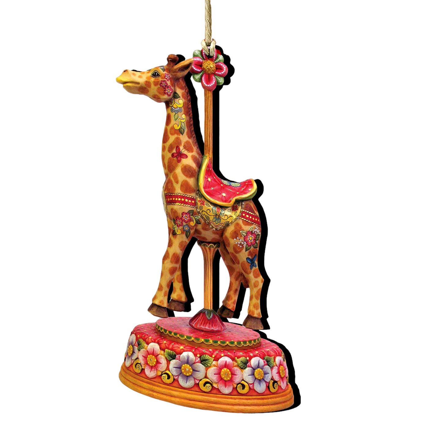 Designocracy Set of 2 Floral Giraffe Carousel Wooden Christmas Ornaments 5.5&#x22;