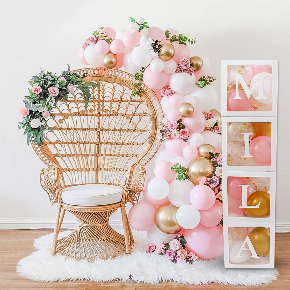 82 PCS Baby Shower Decorations for Girl - Jumbo Transparent Baby Block Balloon Box Includes BABY, A - Z Letters DYI, White Pink Gold Confetti Balloons, Gender Reveal Party Supplies, 1st Birthday Décor