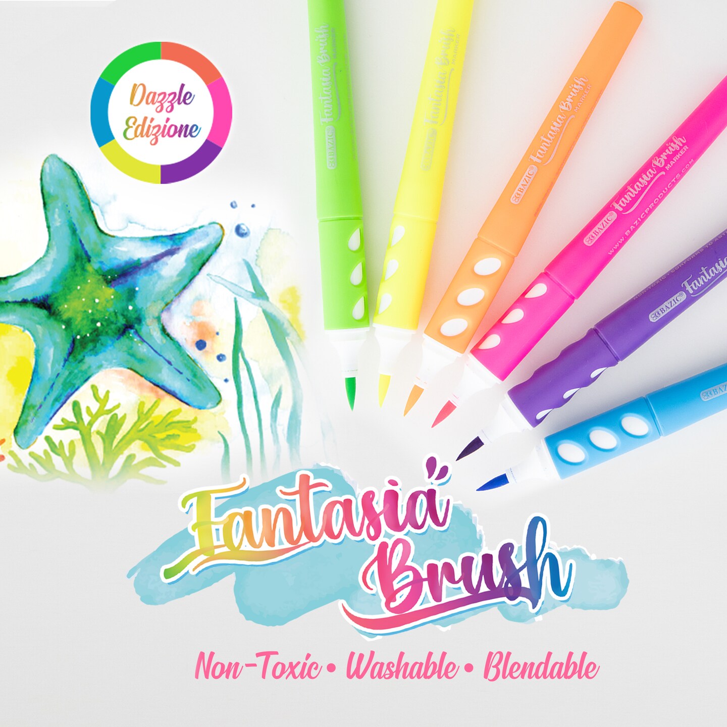 BAZIC Brush Markers 6 Neon Colors