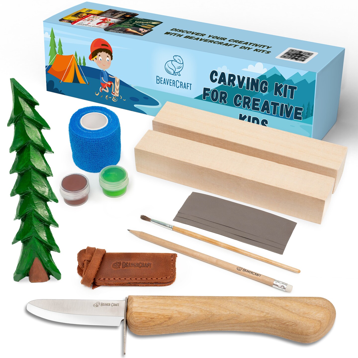 BeaverCraft Wood Carving Kit for Kids &#x26; Beginner DIY08 - Wood Whittling Kit for Kids Woodworking Starter Kit Hobby Kits for Boys Wood Crafts Projects DIY Gifts, Carving Set Whittling Knife &#x26; Basswood