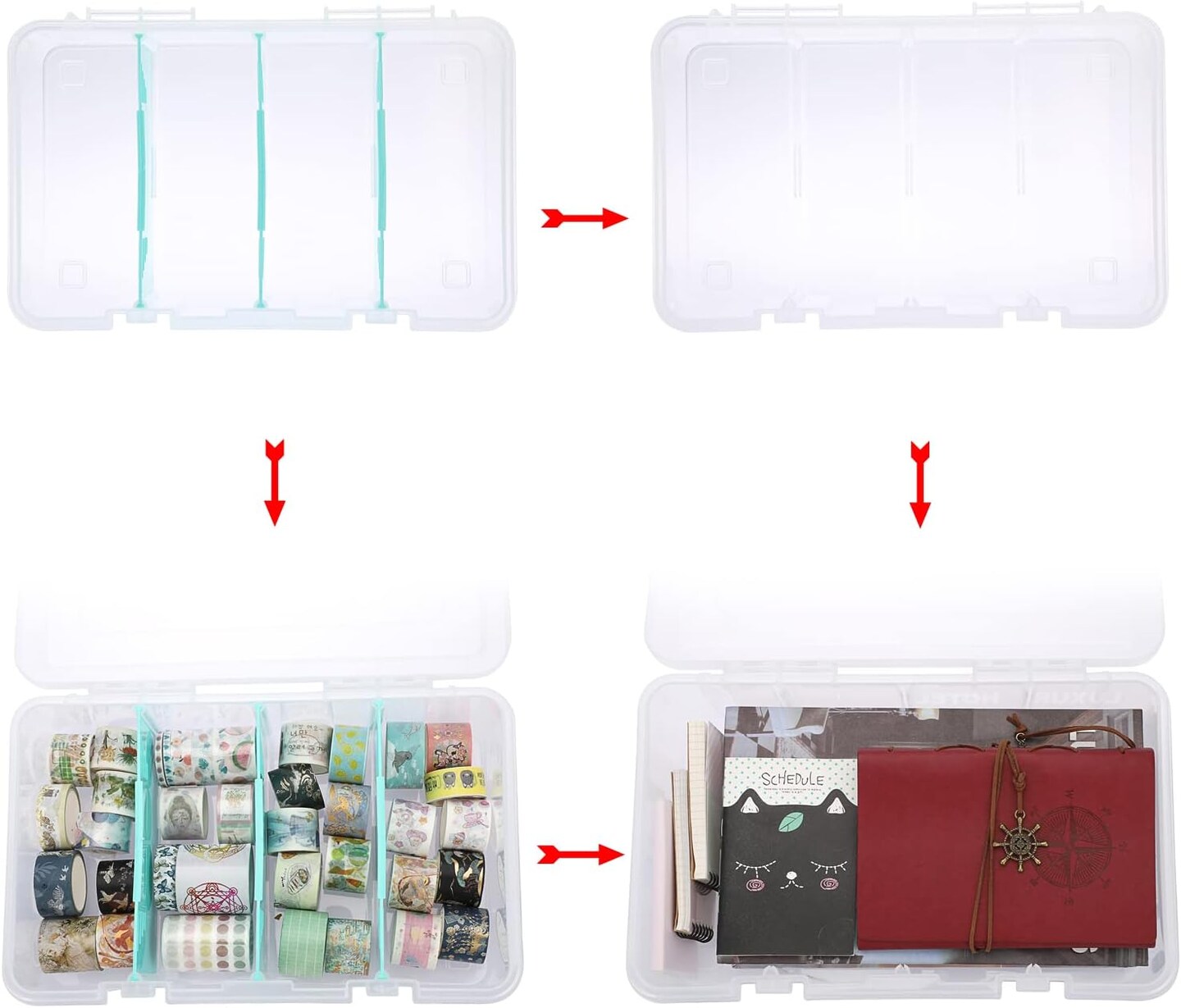 Clear Plastic Dividing Storage Box with 4 Compartments Adjustable Storage Bin with Lid Plastic Craft Storage Container Multipurpose Sewing Box Art Supply Organizer, 13.3x8.1x3.4 Inches