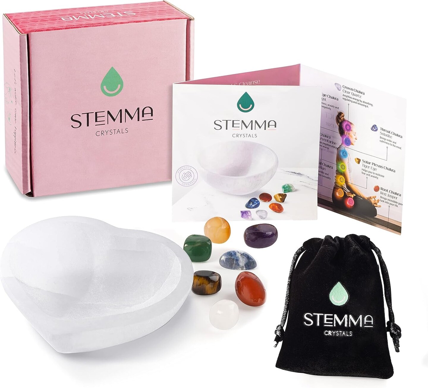 Chakra Stone Kit with Selenite Bowl 4 Inch Crystals and Healing Stones| 9 Piece Crystal Sets