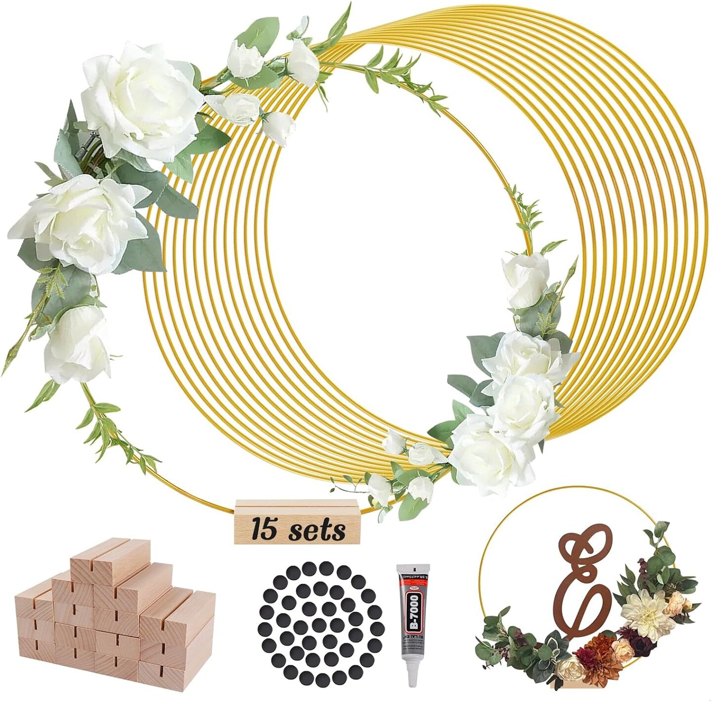 Metal Floral Hoop Wreath Centerpiece Table Decorations with Place Card Holders, Gold Craft Hoop Rings for DIY Wedding Decorations, Wall Hanging Crafts, and Dream Catchers