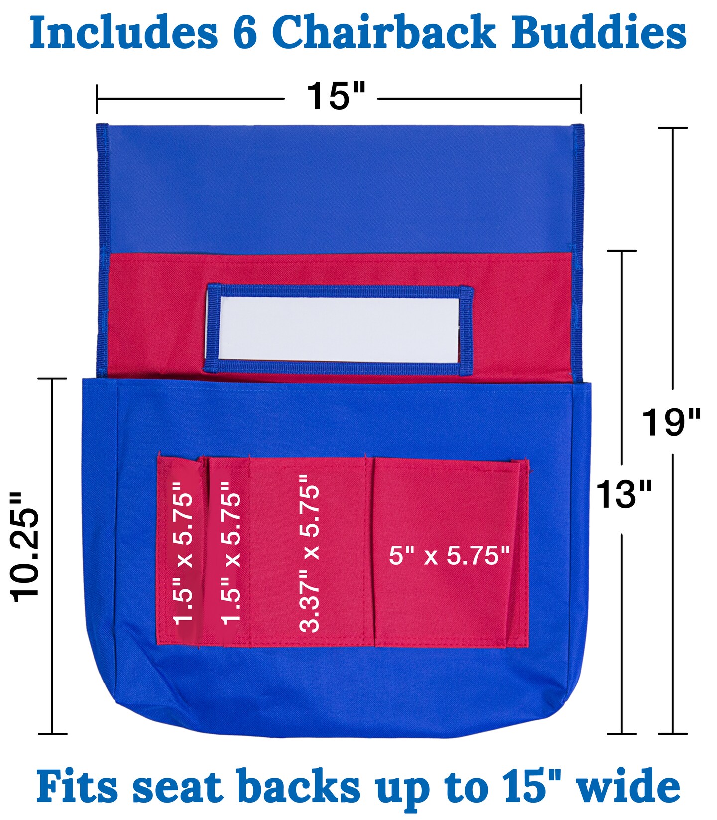 Carson Dellosa 6-Pack Blue and Red Chairback Buddy Pocket Chart Set, 15&#x22; x 19&#x22; Back of Chair School Supplies Pocket Organizer With Name Tag and 6 Chair Pockets for Classrooms, Classroom Organization