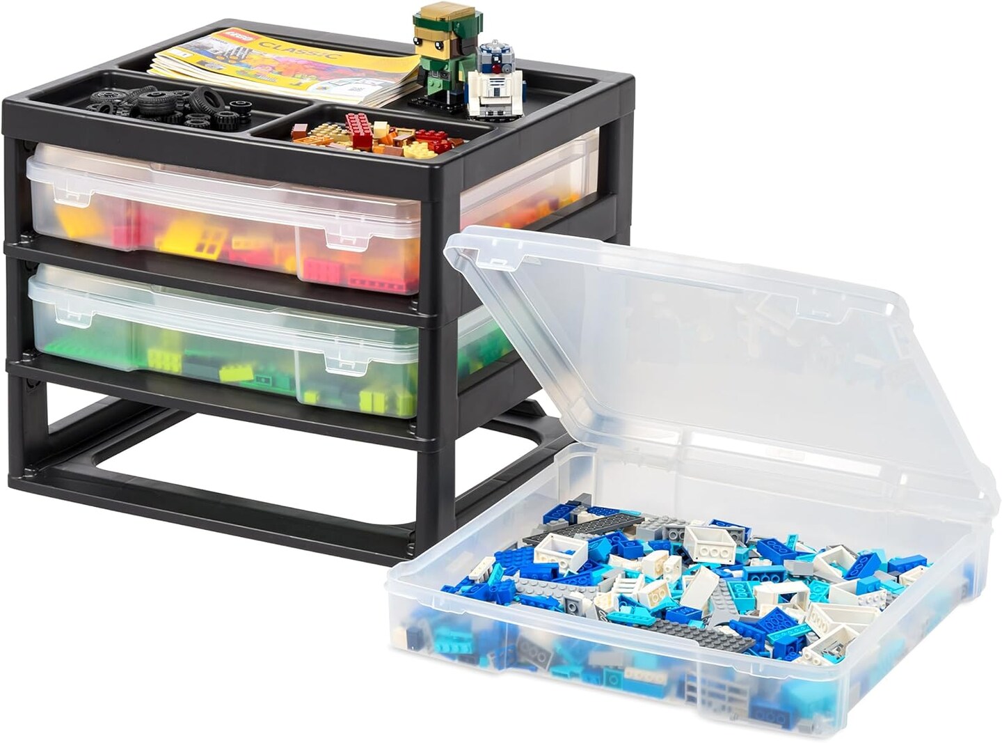 Fits 12" x 12" Paper, 3-Tier Scrapbook Storage Unit with Organizer Top, for Building Blocks Lego Papers Tools Office Art and Craft Supplies, Desktop Organizer, Built in Handle, Black/Clear