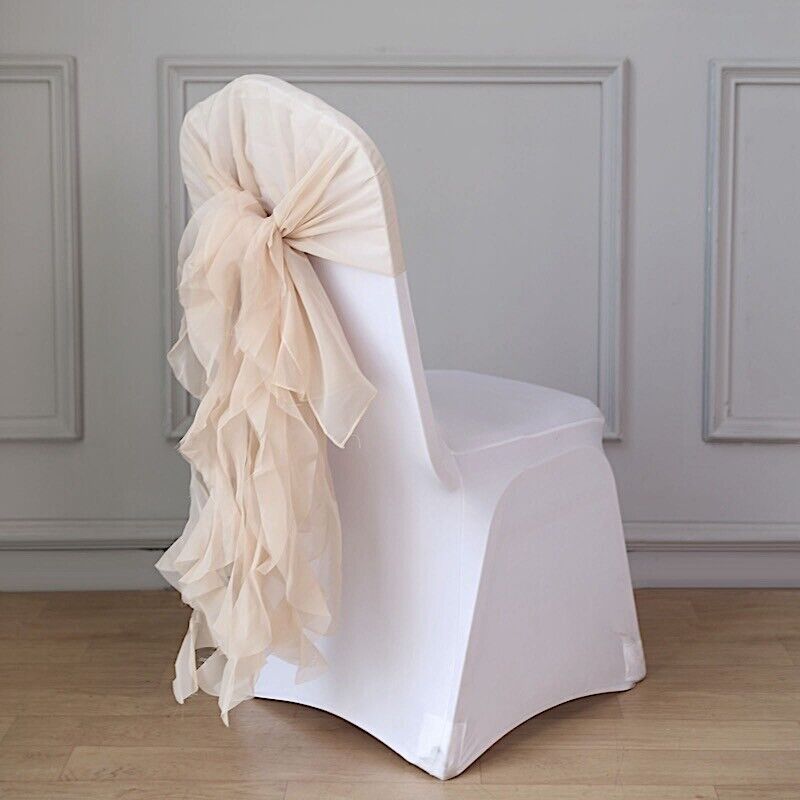 Nude Premium Curly Chiffon Chair Covers with Sashes Wedding Decor Set