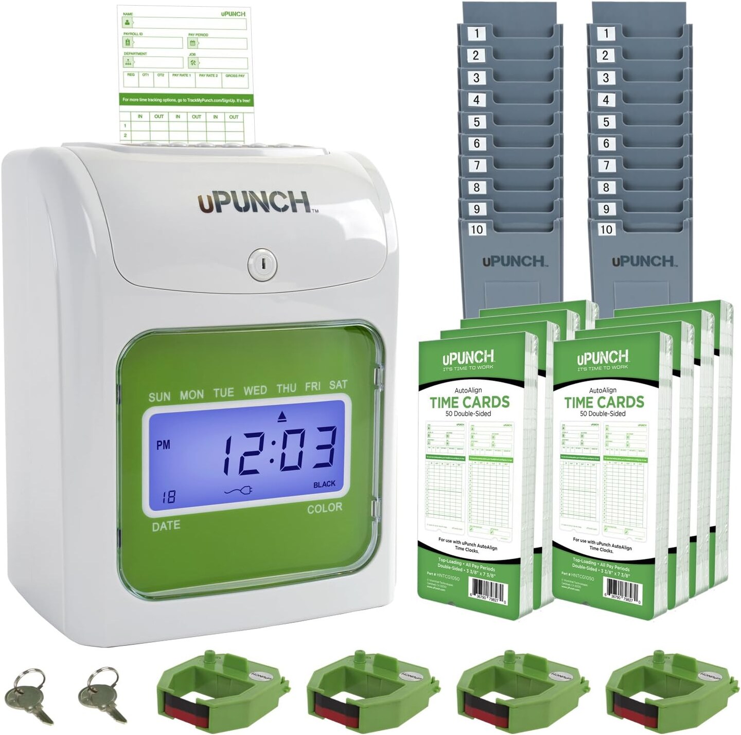 uPunch® Starter Time Clock Bundle with 100-Cards, 1 Time Card Rack, 1 Ribbon & 2 Keys