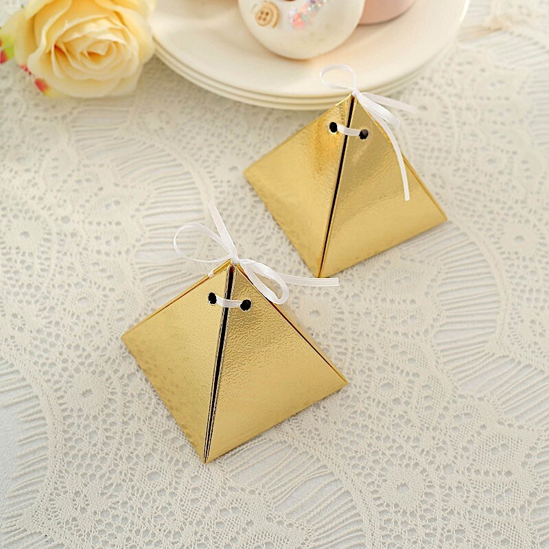 Elegant Pyramid Favor Boxes with Satin Ribbons Wedding Party Decor