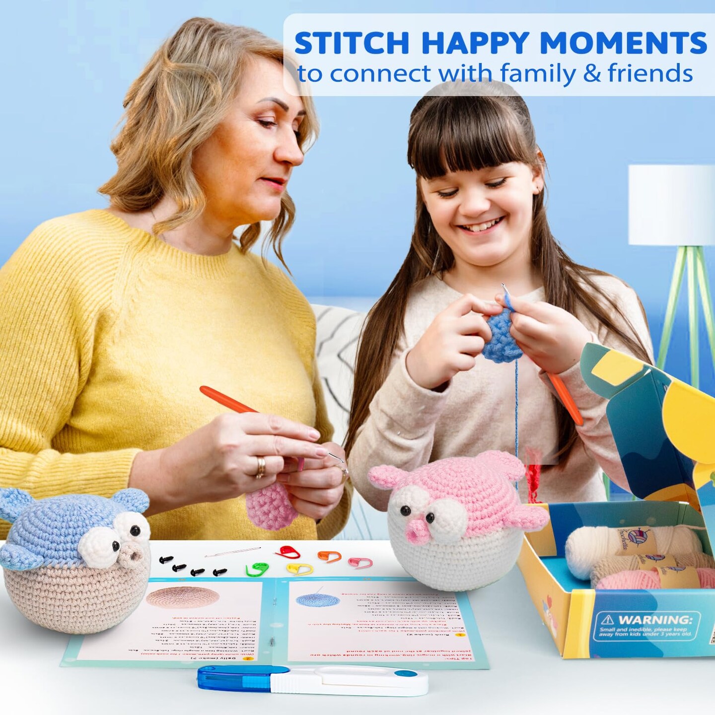 Crochet Kit for Beginners, Beginner Crochet Starter Kit with Step-by-Step Video Tutorials, Learn to Crochet Kits for Adults and Kids, DIY Knitting Supplies, 2 Pack Pufferfish (40%+ Yarn)