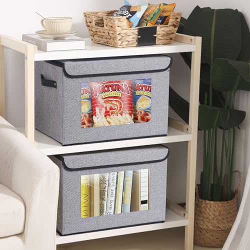 Fabric Storage boxes,Storage Baskets for Shelves with Lids, Fabric Storage Bins with Handles, Decorative Linen Closet Organizers Boxes,Small, Gray, 1-Pack