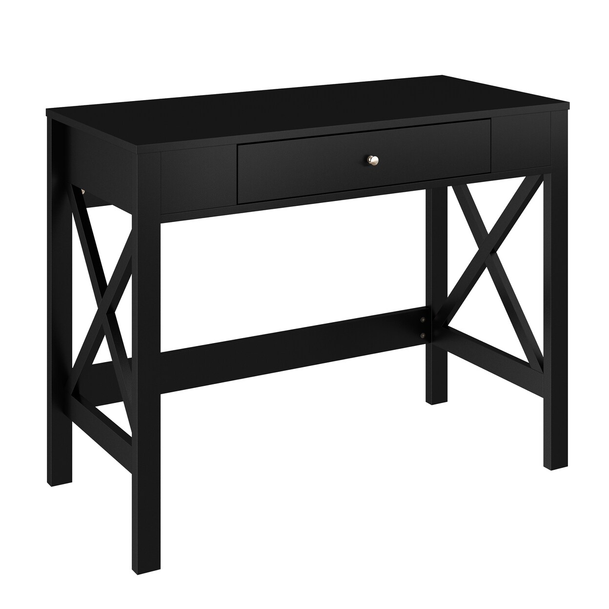 Modern Black Writing Desk With X-Pattern Legs And Drawer Storage L Shaped