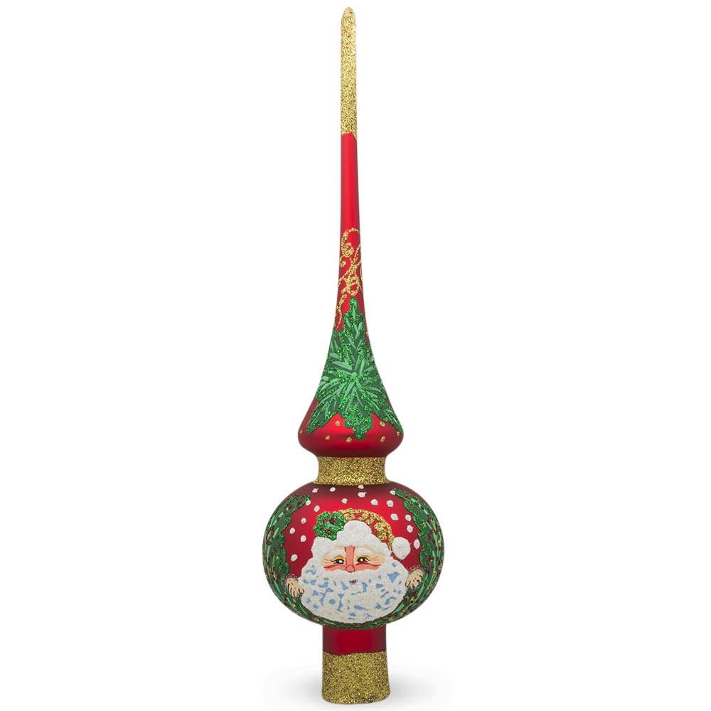 Santa and Mistletoe on Red Glass Christmas Tree Topper 11 Inches