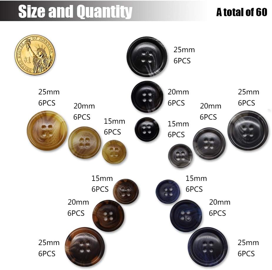 90Pcs Faux Buffalo Horn Suit Coats Buttons 5 Color 3 Size (15MM, 20MM, 25MM) for Jacket Sleeves and Pants Sport Coat (5 Color)