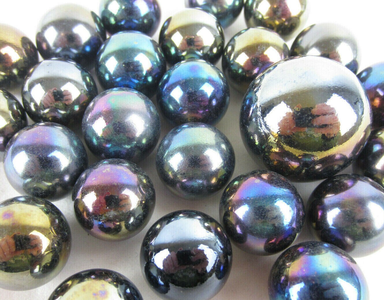 25 Glass Marbles METEOR Metallic Iridescent Silver/Gold/Purple game pack Shooter