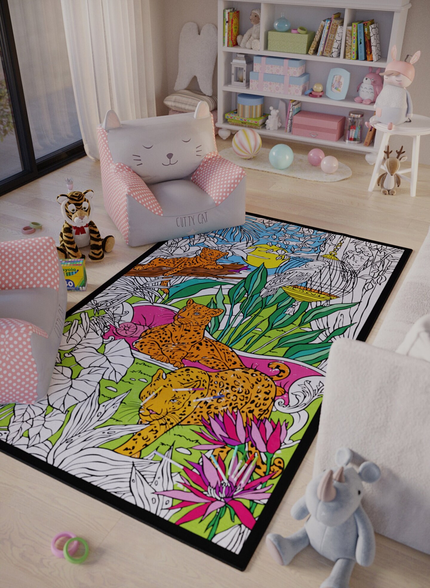 Adult Coloring Book Rug &#x26; Washable Markers Gift For Artist Safari Theme Animal Jungle Scene Gift For Her Relaxation Gift Rainy Day Activity