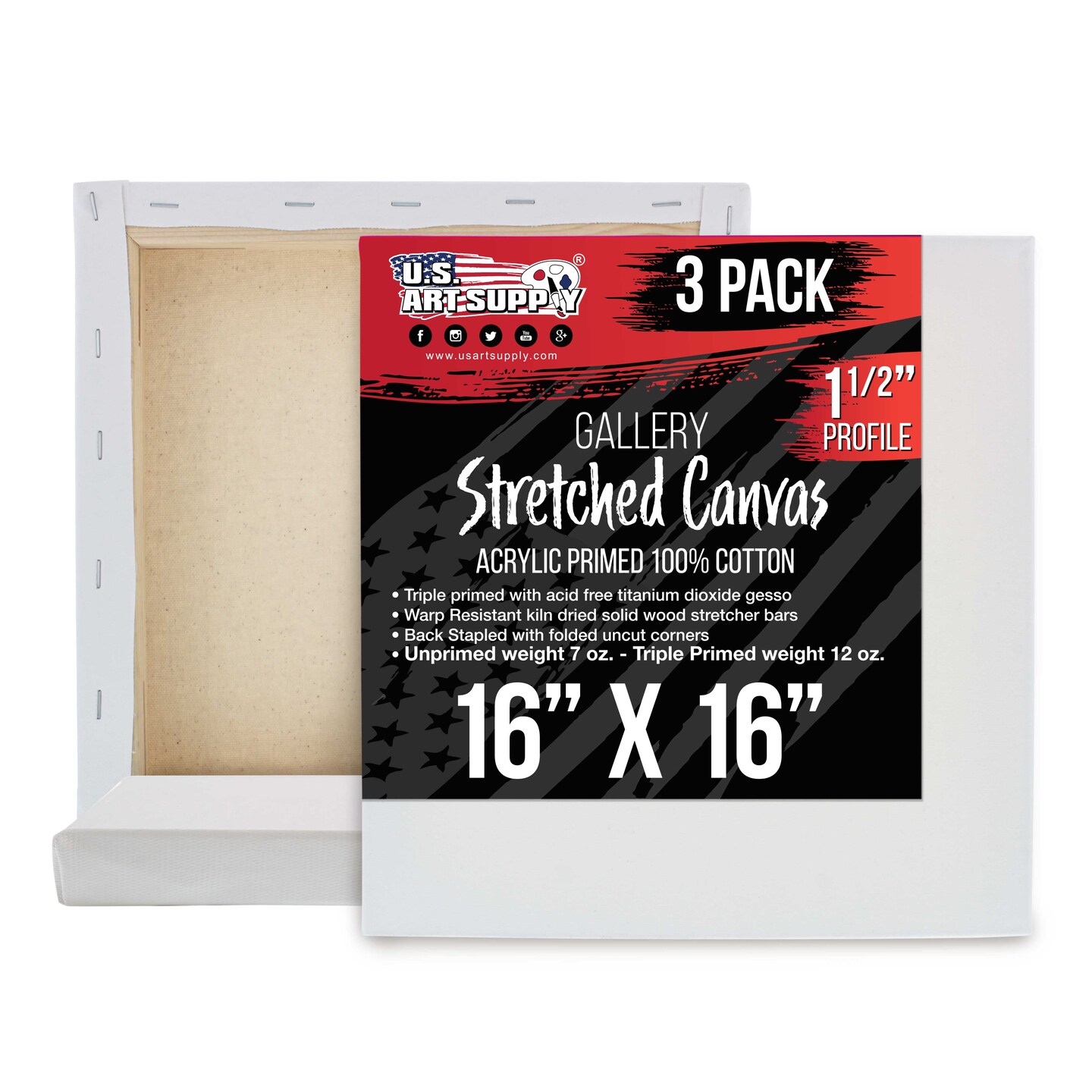16 x 16 inch Gallery Depth 1-1/2&#x22; Profile Stretched Canvas, 3-Pack - 12-Ounce Acrylic Gesso Triple Primed, - Professional Artist Quality, 100% Cotton
