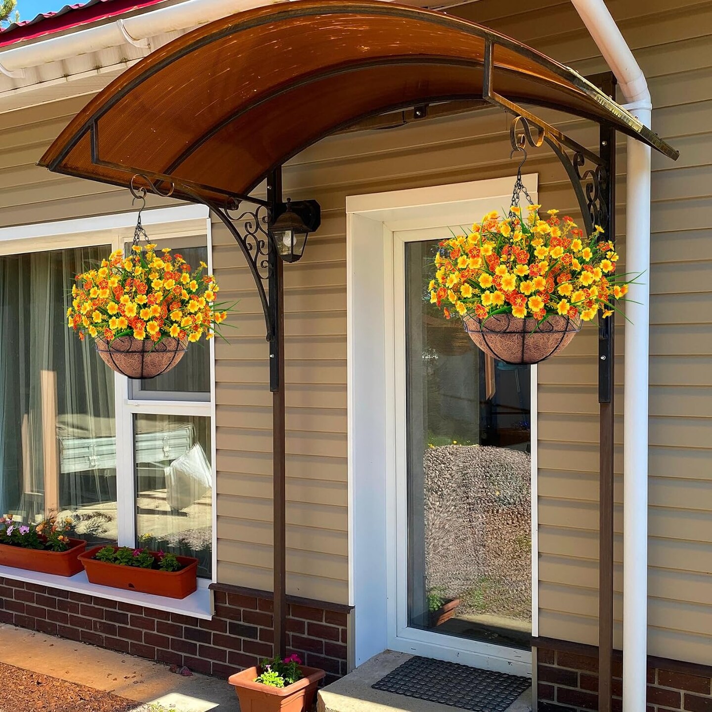 Everlasting Spring Charm: Artificial Hanging Flowers with Coconut-Lined Basket