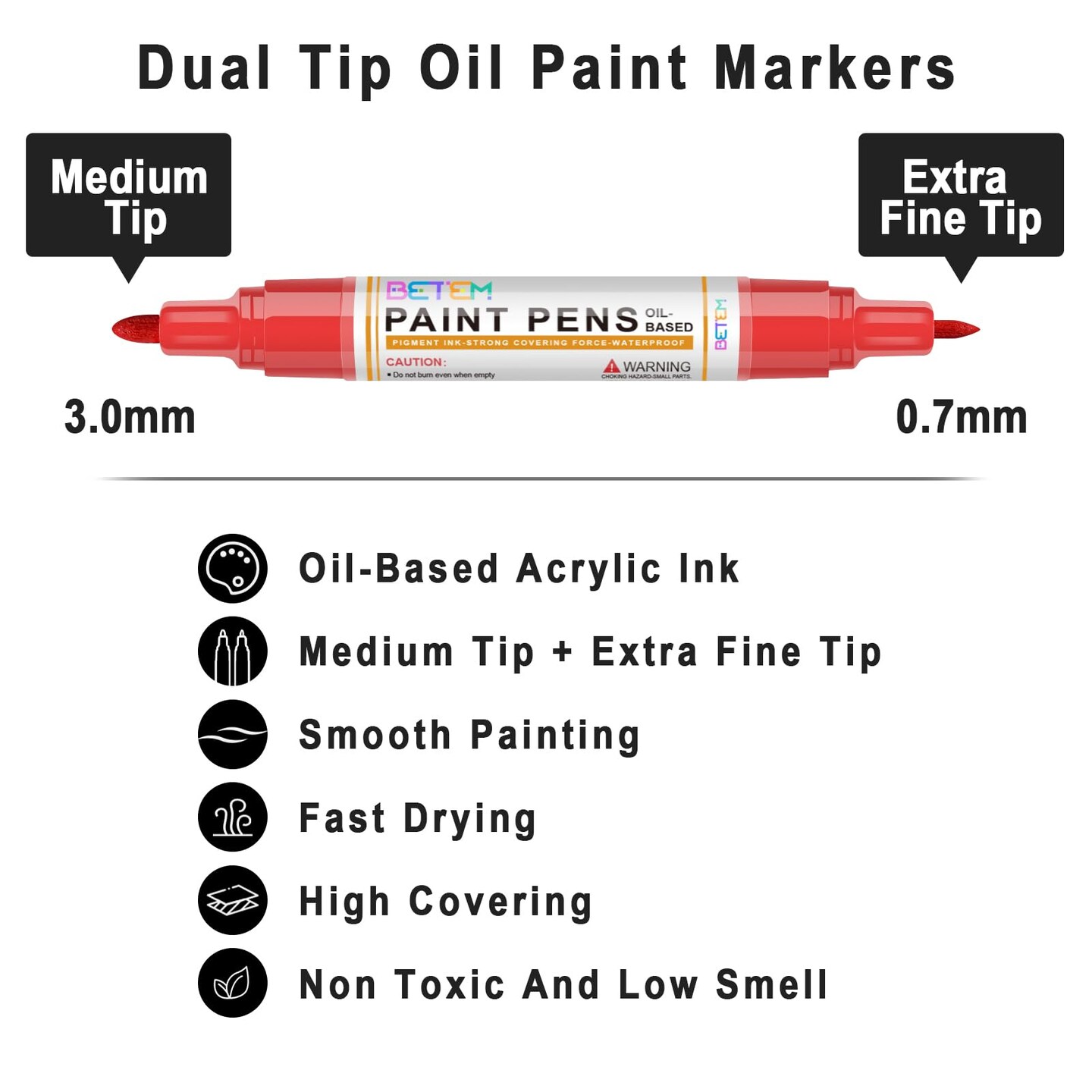 Betem Oil Based Paint Markers, Dual Tip Paint Pens(0.7mm &#x26; 3mm), Gold Silver Permanent Paint Marker Pen, Waterproof, Quick Dry, for Fabric, Rock Painting, Wood, Plastic, Metal, Canvas (2Red2Blue)