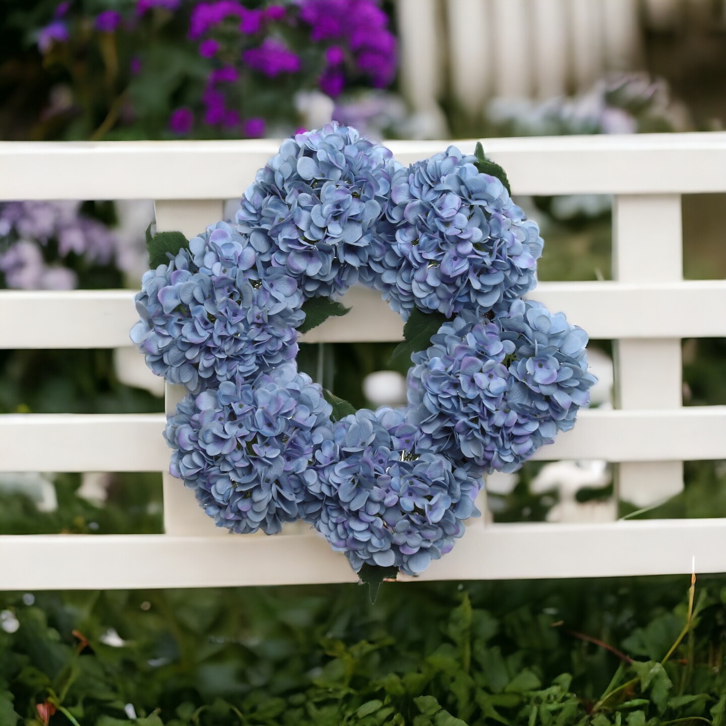 18&#x22; Azure Blue Hydrangea Wreath with Grapevine Ring, Floral Home by Artificial Flowers