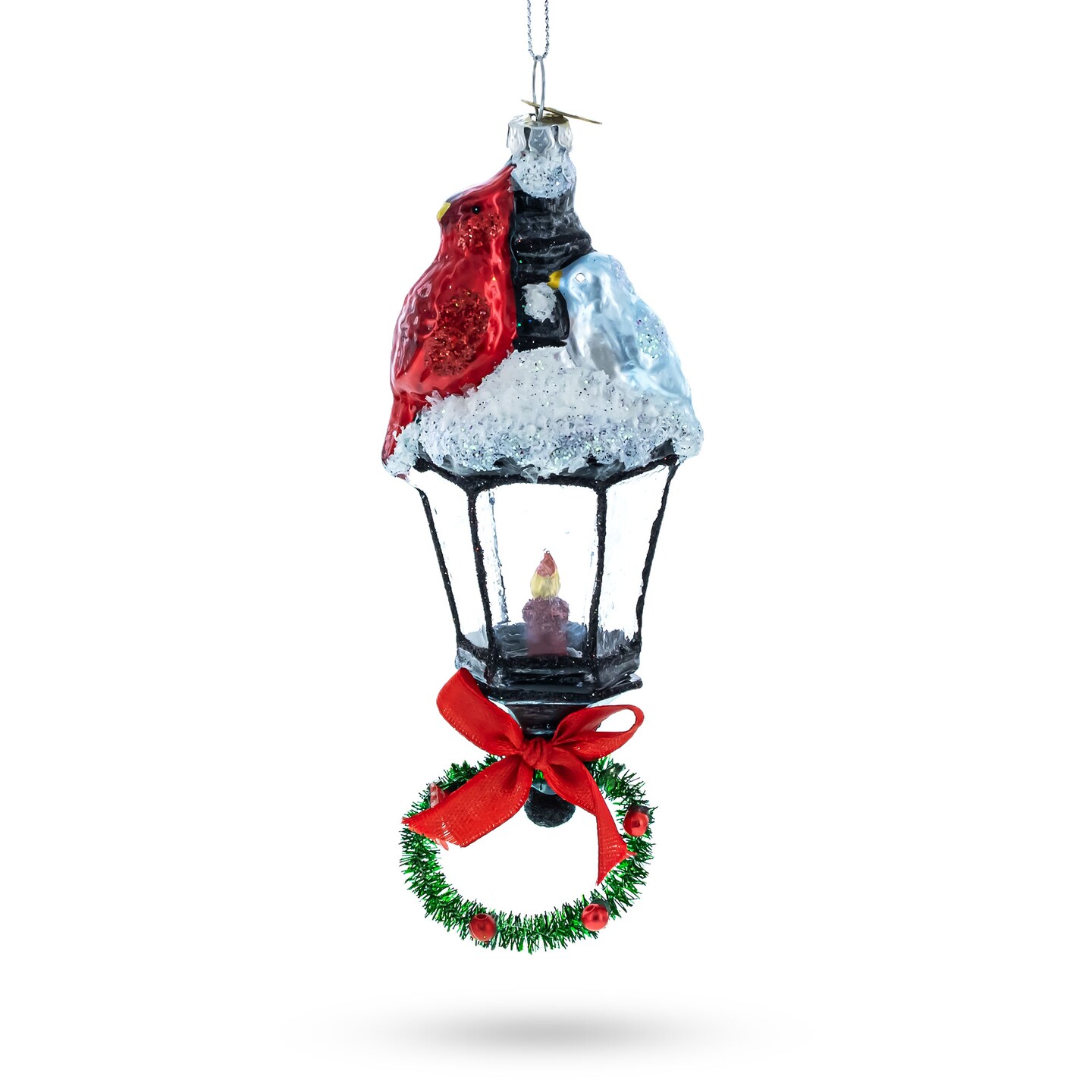 Red Cardinal Perched on Snow-Capped Lantern Blown Glass Christmas Ornament
