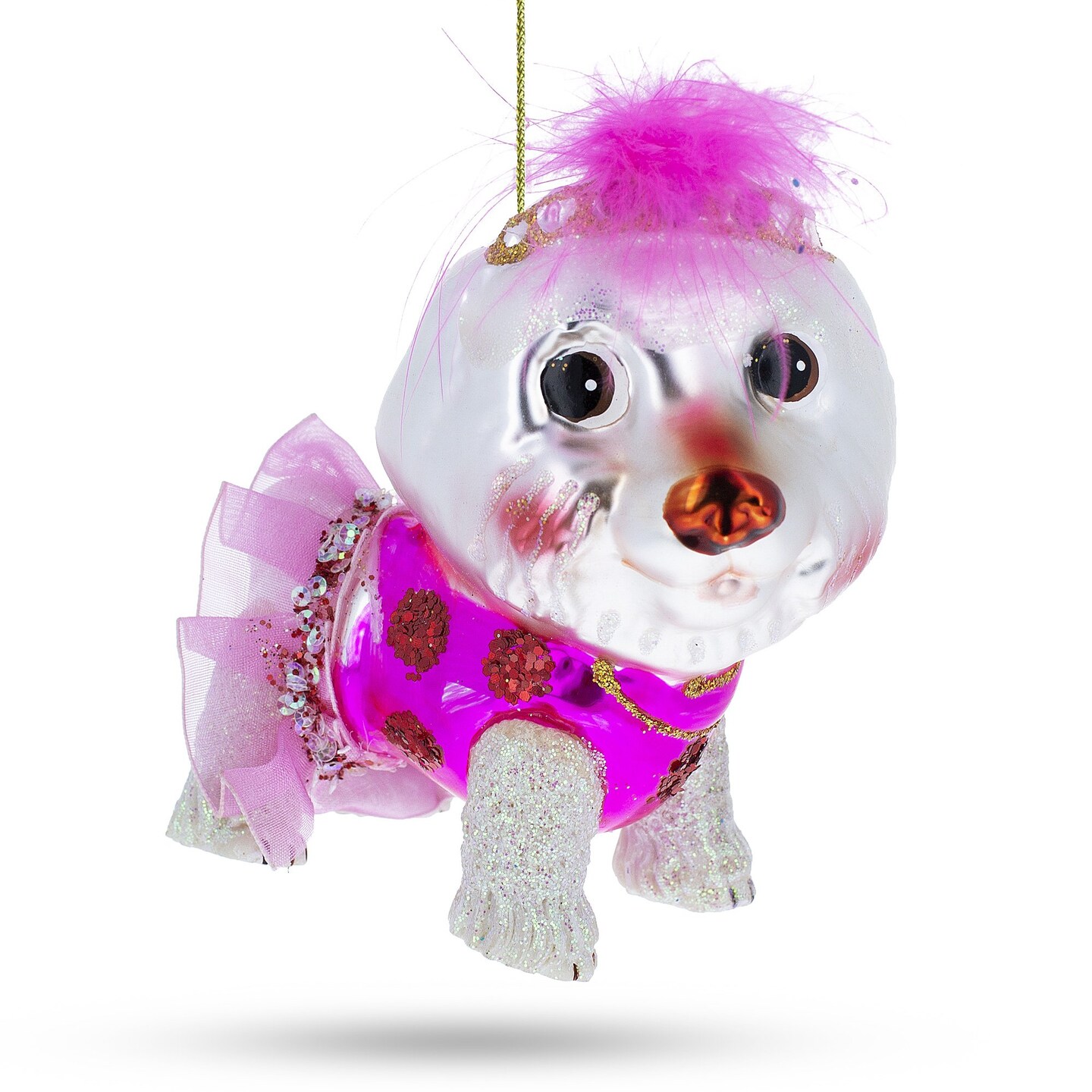 Fluffy Bichon Frise Blown Glass Christmas Ornament